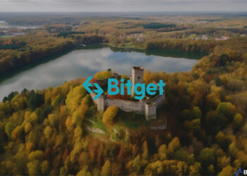 Bitget employees smiling and holding a banner that reads "Bitget Officially Registered in Lithuania" in front of their office building