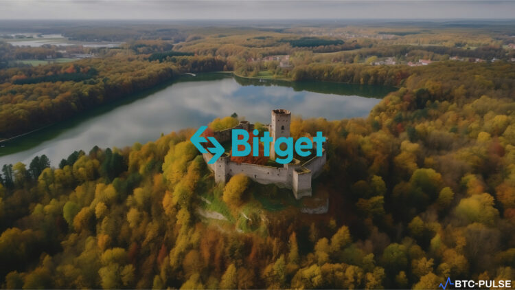 Bitget employees smiling and holding a banner that reads "Bitget Officially Registered in Lithuania" in front of their office building