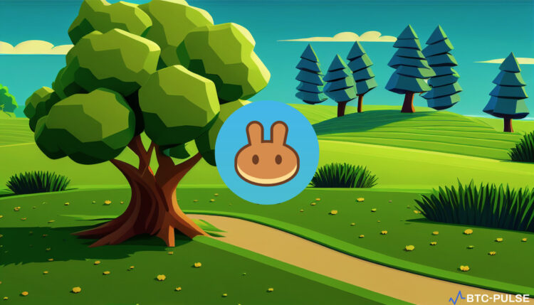 A cartoon field with a tree and PancakeSwap logo