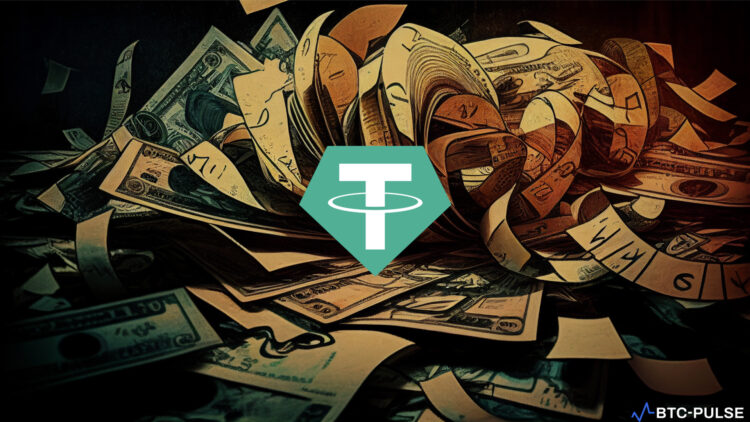 Graphic illustration of $100 million USDT transfer from Bitfinex to Tether Treasury against a backdrop of declining stablecoin market chart.