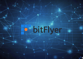 The bitFlyer logo on a background featuring various cryptocurrency symbols