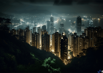 A stunning view of the Hong Kong skyline at dusk, with prominent cryptocurrency symbols like Bitcoin and Ethereum, reflecting the city's growing adoption of digital currencies.