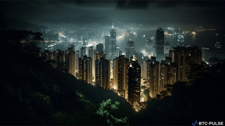 A stunning view of the Hong Kong skyline at dusk, with prominent cryptocurrency symbols like Bitcoin and Ethereum, reflecting the city's growing adoption of digital currencies.