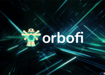 Orbofi AI logo with a background depicting AI-generated content
