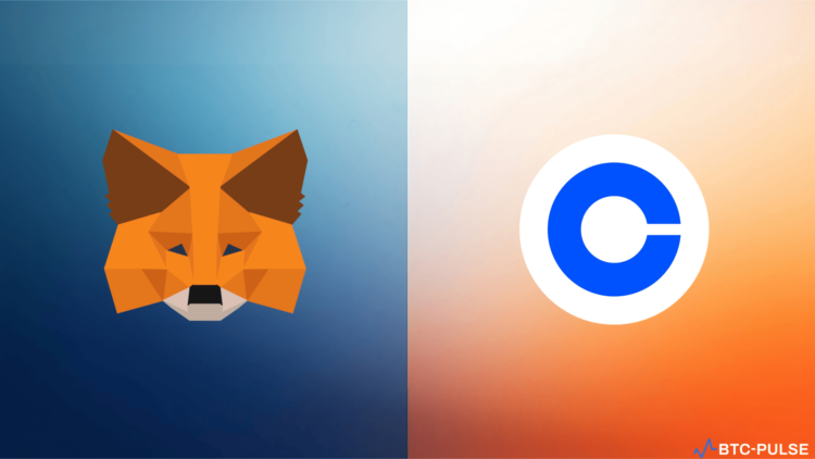Metamask and Coinbase Wallet logos juxtaposed, symbolizing a face-off between the two leading crypto wallets.