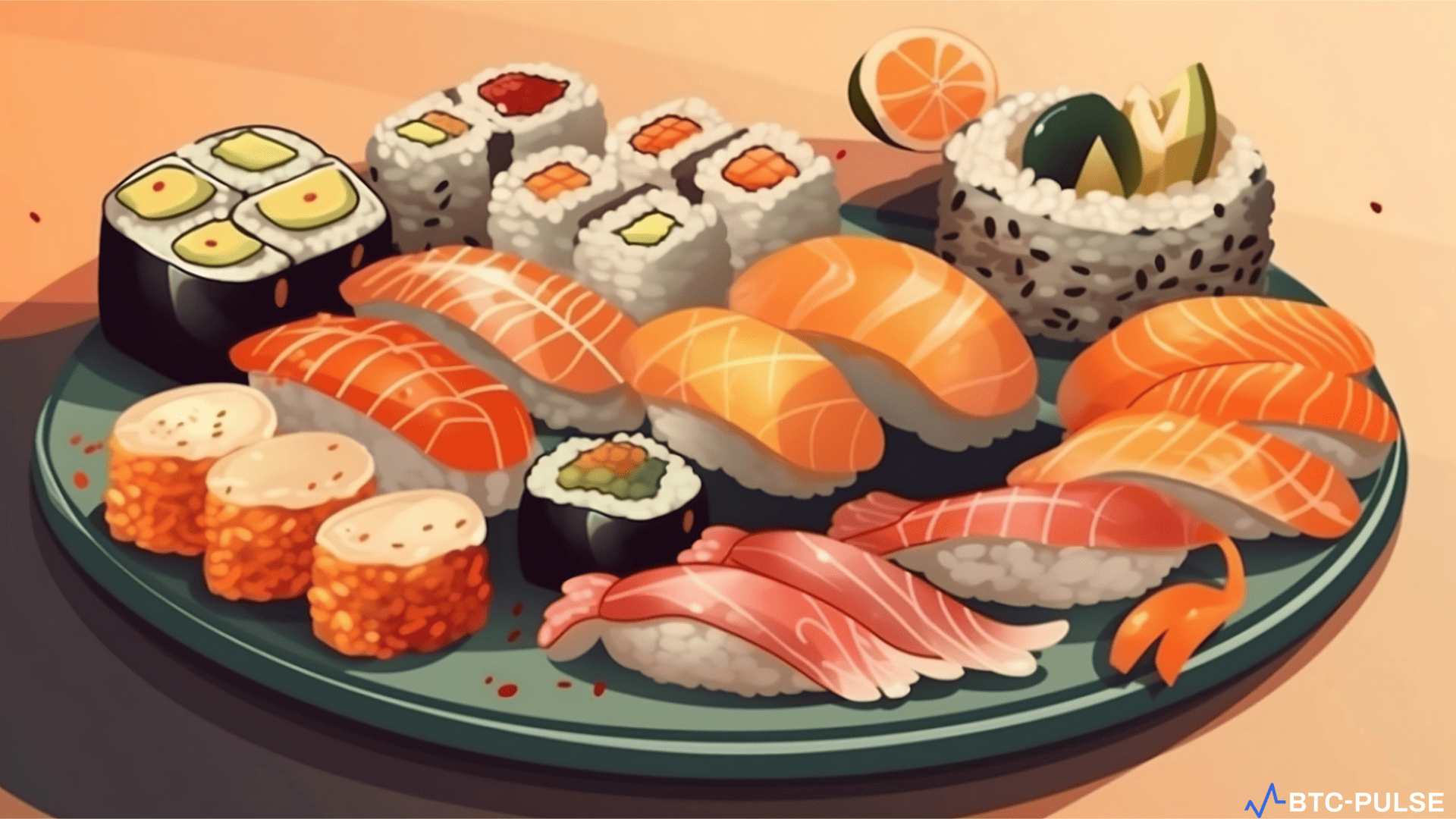 Illustration of the Sushi and Aptos logos symbolizing their partnership in blockchain technology.