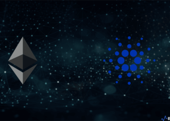 Logos of Cardano's ADA and Ethereum's Ether juxtaposed against a digital backdrop.