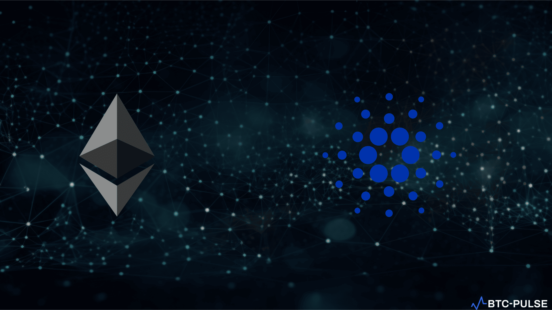 Logos of Cardano's ADA and Ethereum's Ether juxtaposed against a digital backdrop.