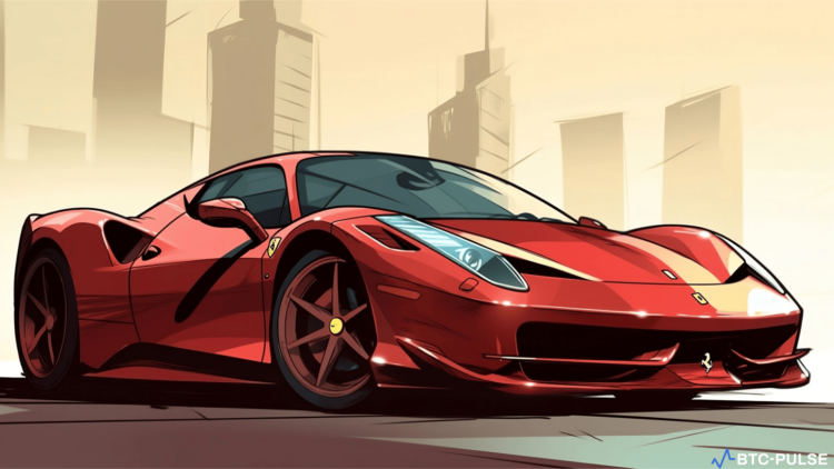 A stunning Ferrari car positioned majestically, signifying its readiness to be acquired through cryptocurrency.