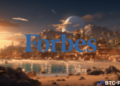 Forbes logo in a virtual landscape with digital assets, symbolizing its entry into The Sandbox metaverse