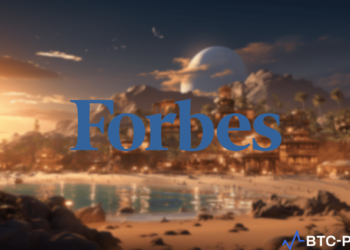 Forbes logo in a virtual landscape with digital assets, symbolizing its entry into The Sandbox metaverse