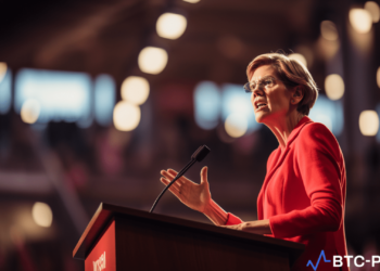Elizabeth Warren speaking at a conference, advocating for equal regulations in cryptocurrency and limitations on Big Tech's AI development.