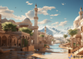 A virtual reality view of Saudi Arabia's cultural heritage in the metaverse, showcasing traditional architecture and arts.