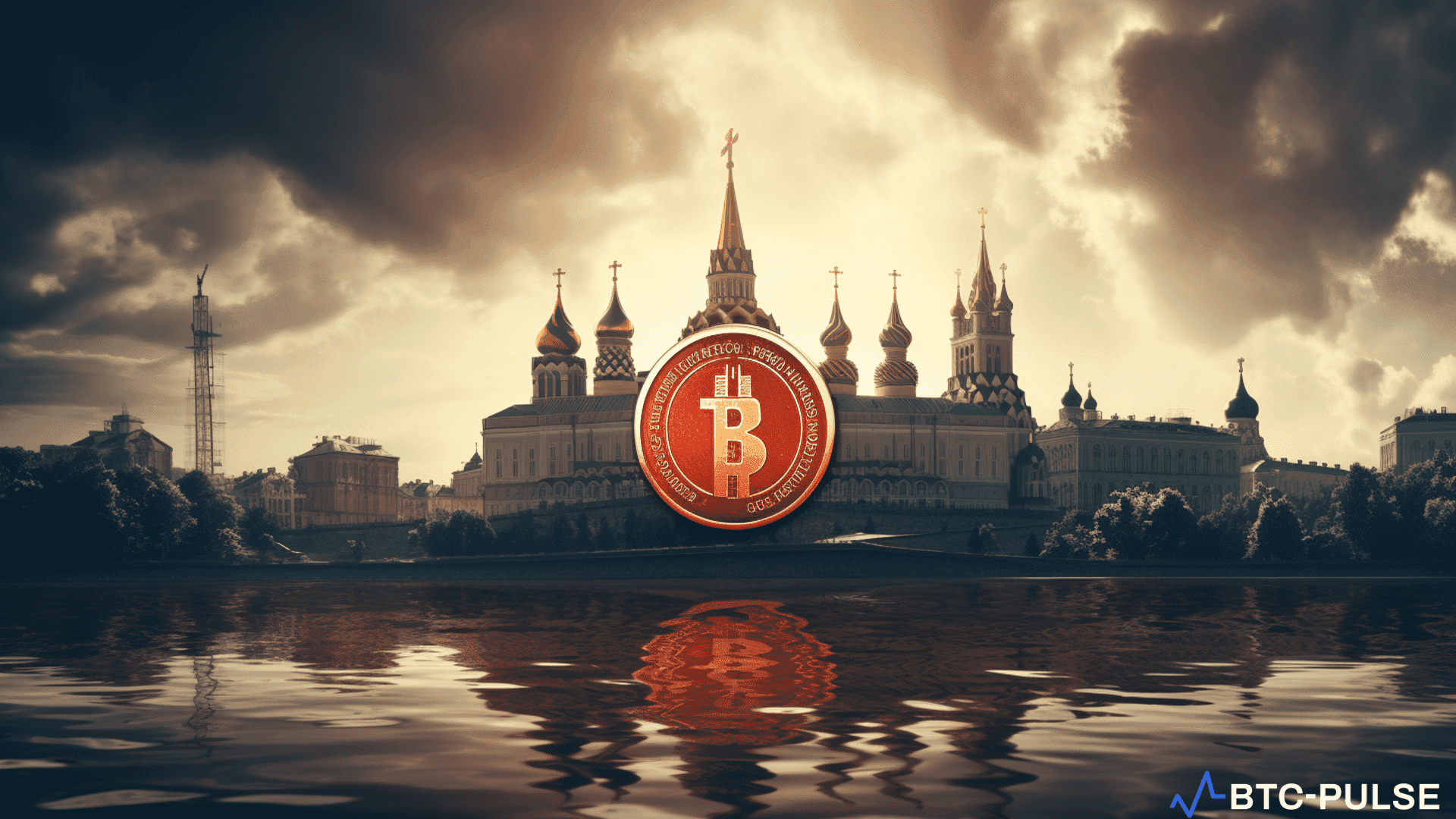 Illustration of a Russian Central Bank building with cryptocurrency symbols in the background, representing the report on financial scams involving crypto in Russia.