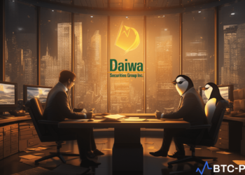 Illustration of the partnership between Daiwa Securities and Penguin Securities in the cryptocurrency sector.