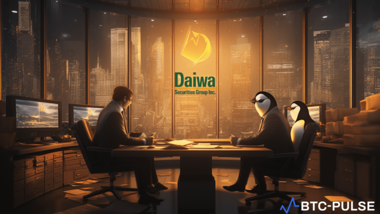 Illustration of the partnership between Daiwa Securities and Penguin Securities in the cryptocurrency sector.