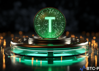 Illustration of Tether's USDT coin with the $100 billion market cap milestone highlighted, showcasing its dominance in the stablecoin sector.