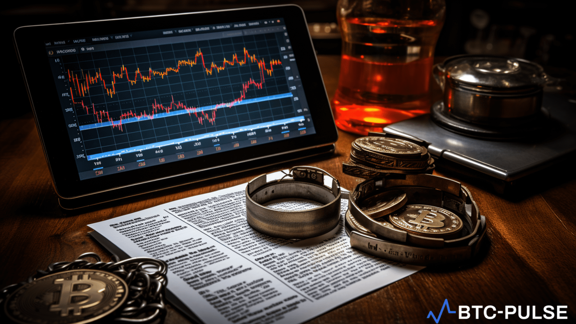 Handcuffs and digital tablet displaying cryptocurrency charts, symbolizing the arrest of a South Korean altcoin issuer for fraud