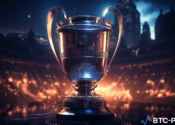 The iconic UEFA Champions League trophy is encircled by dynamic representations of various cryptocurrencies, illustrating the groundbreaking partnership between the prestigious football competition and the digital finance world.
