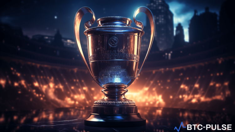 The iconic UEFA Champions League trophy is encircled by dynamic representations of various cryptocurrencies, illustrating the groundbreaking partnership between the prestigious football competition and the digital finance world.