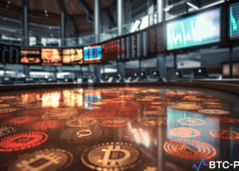 Digital visualization of Bitcoin and Ethereum symbols illuminating the London Stock Exchange trading screens, symbolizing the integration of cryptocurrencies into traditional finance.