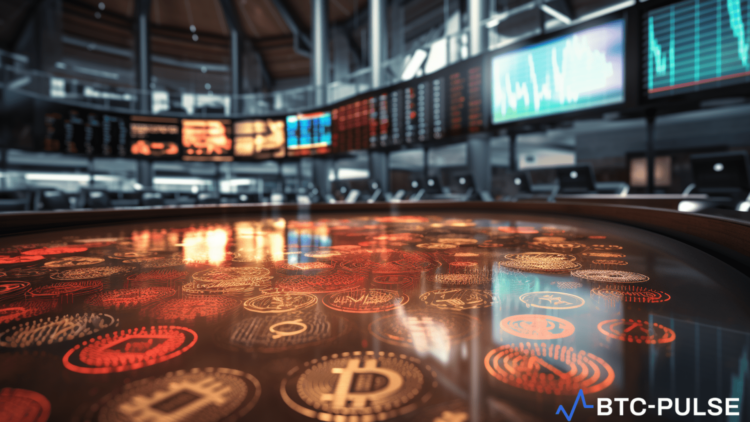 Digital visualization of Bitcoin and Ethereum symbols illuminating the London Stock Exchange trading screens, symbolizing the integration of cryptocurrencies into traditional finance.