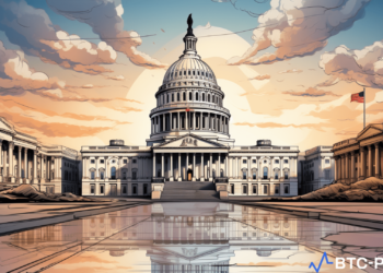 An illustration of Ethereum ETF documents with a gavel and the Capitol building in the background, symbolizing political opposition to crypto ETF approvals.