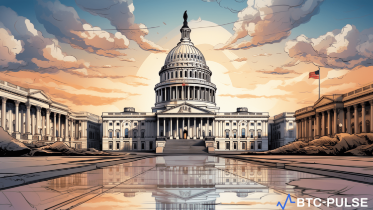 An illustration of Ethereum ETF documents with a gavel and the Capitol building in the background, symbolizing political opposition to crypto ETF approvals.