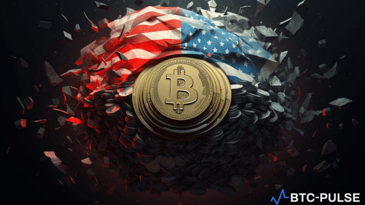 Digital currency symbols intertwined with the US and Russian flags, depicting the escalation of sanctions on Russian cryptocurrency operations