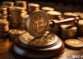 Gavel and cryptocurrency symbols representing Sam Bankman-Fried's sentencing for FTX fraud