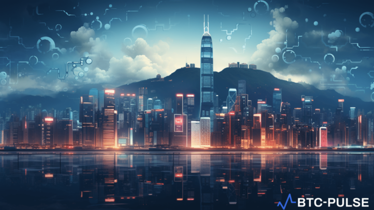 Illustration of Hong Kong skyline with digital symbols representing the closure of crypto exchange license applications by the SFC.