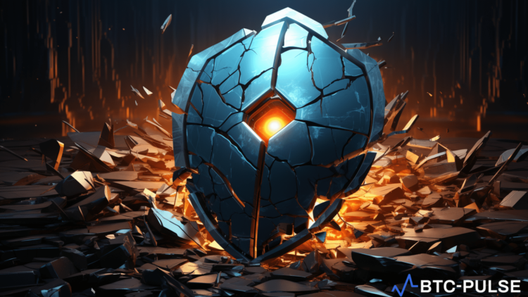 Digital artwork depicting a shattered digital shield with the NFPrompt logo, symbolizing the platform's recent hack and efforts to recover