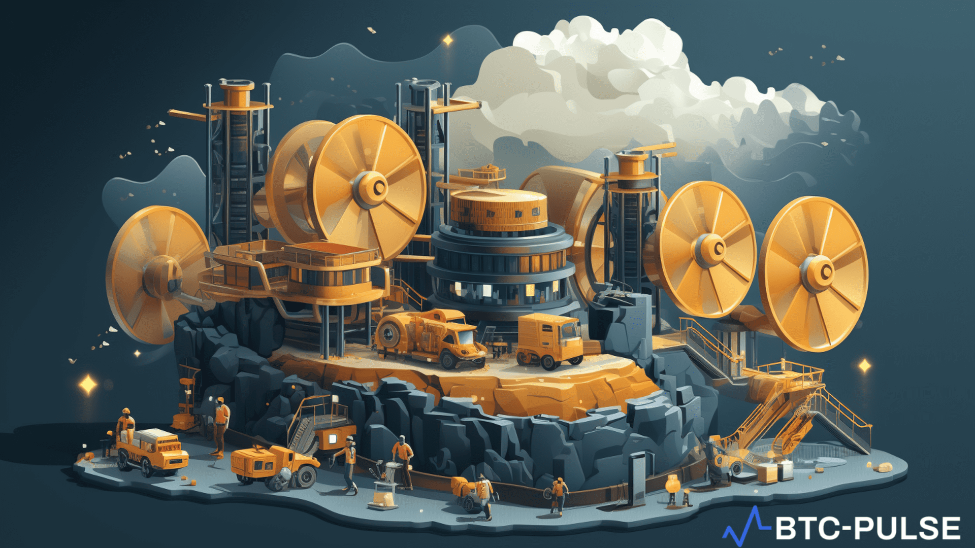 Illustration of BluestoneMining's cloud mining operations powered by renewable energy sources like solar and wind, highlighting the platform's commitment to eco-friendly and profitable cryptocurrency mining.