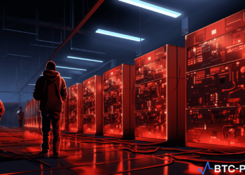 Illustration of a Bitcoin mining facility in the US using Chinese ASICs, highlighting potential security risks.