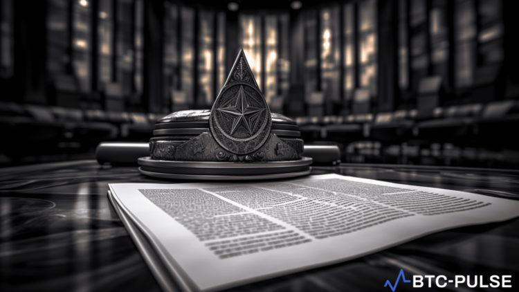 An illustration of a delayed Application sign over Grayscale's Ethereum ETF paperwork with a background of the SEC logo.