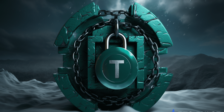 Tether's logo with a lock symbolizing frozen addresses linked to Venezuelan oil sanctions.