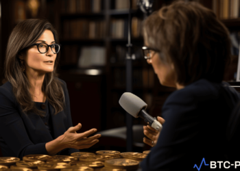 Cathie Wood during an interview, discussing Bitcoin's role against global currency devaluation