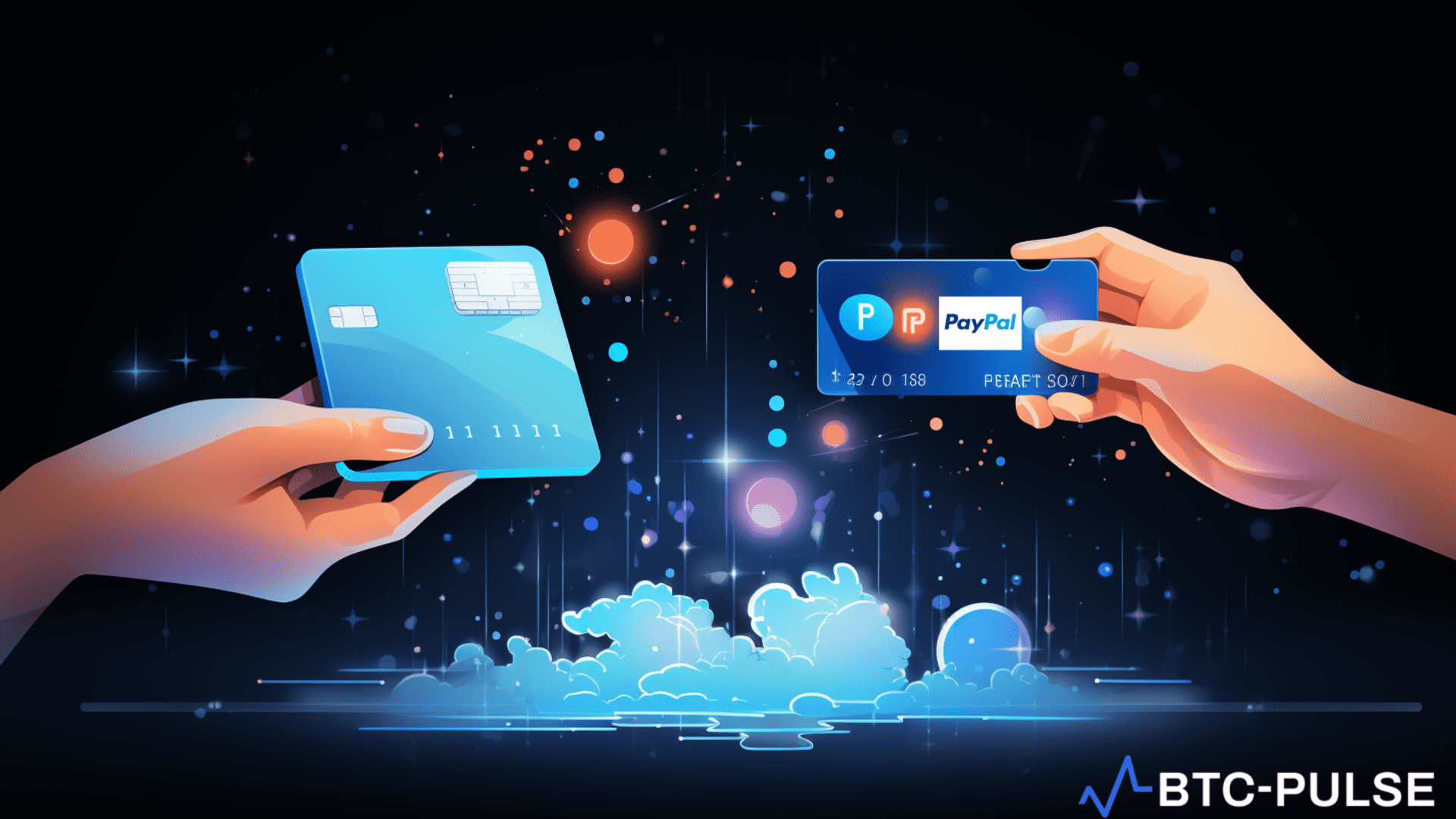 Illustration of MoonPay and PayPal facilitating cryptocurrency transactions