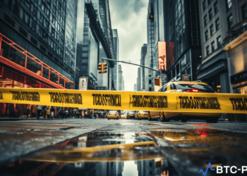 Image shows a Wall Street sign with overlaid caution tape, symbolizing regulatory scrutiny.