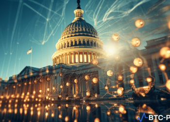 The U.S. Capitol Building illuminated at dusk, symbolizing FIT21 a new era in cryptocurrency regulation.