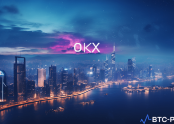 OKX logo on a digital screen with a background showing a cityscape of Hong Kong.