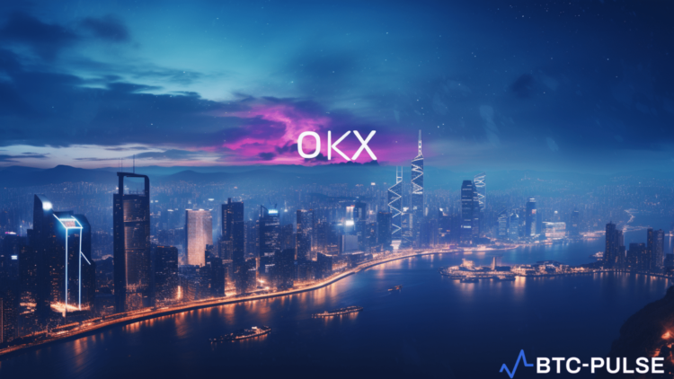 OKX logo on a digital screen with a background showing a cityscape of Hong Kong.