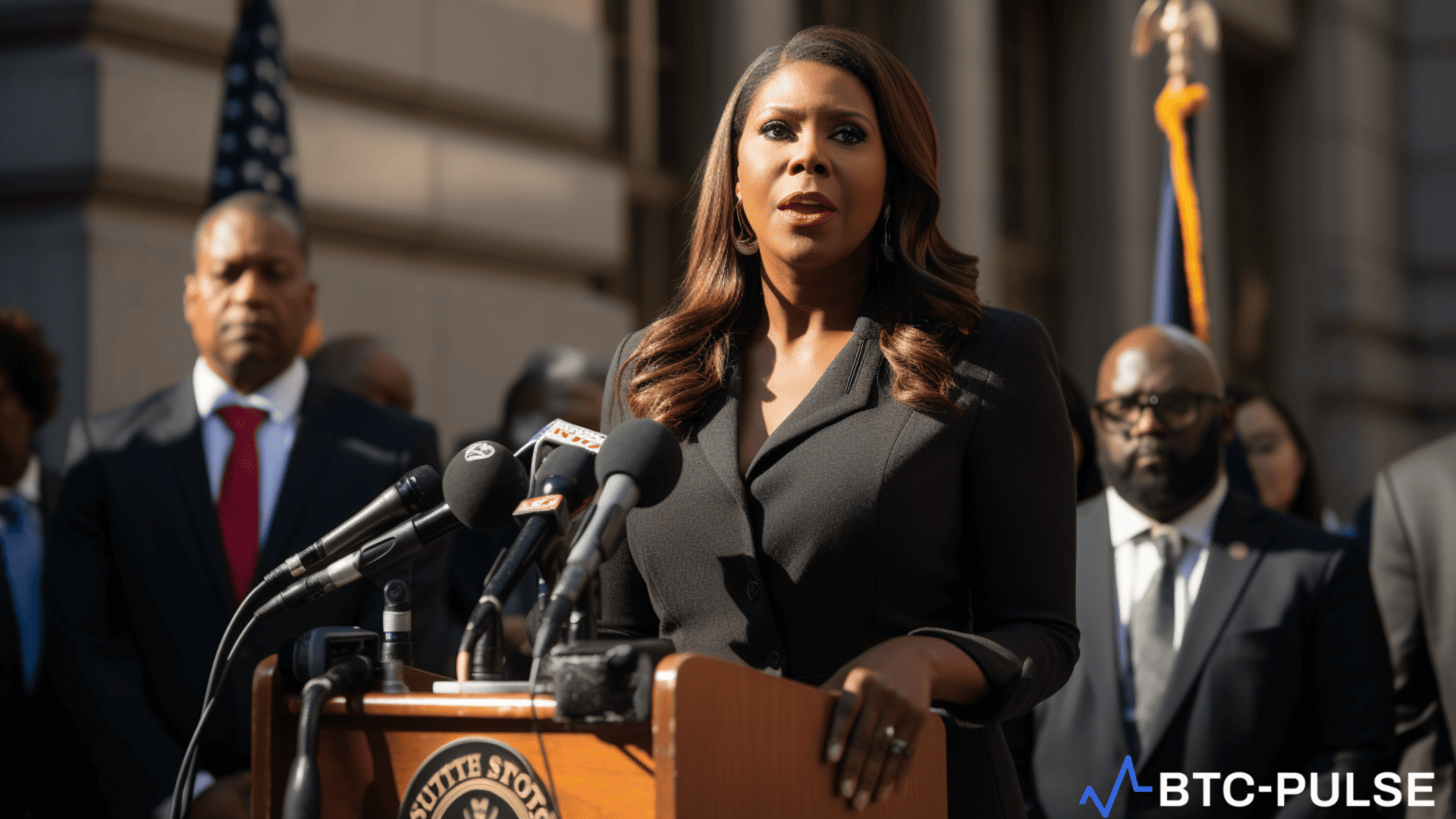 New York Attorney General Letitia James speaking at a press conference.