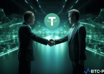Tether and RAK DAO executives shaking hands to mark their new partnership.