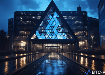 Deutsche Bank headquarters with Ethereum blockchain graphics