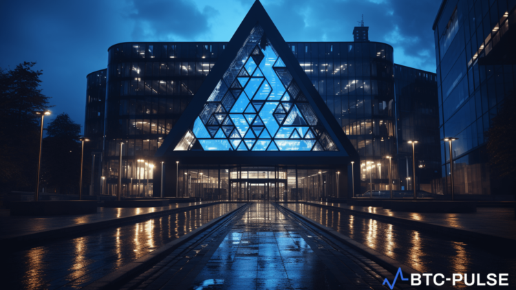 Deutsche Bank headquarters with Ethereum blockchain graphics