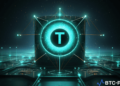 Tether logo with digital currency and blockchain symbols
