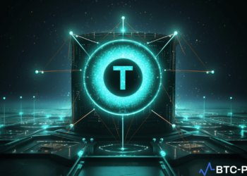 Tether logo with digital currency and blockchain symbols
