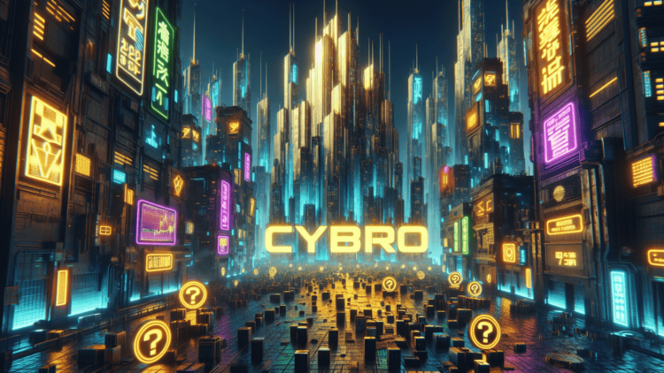 A futuristic digital landscape showcasing AI-driven cryptocurrency investment strategies, with CYBRO tokens prominently featured and Ethereum whales observing the market trends.