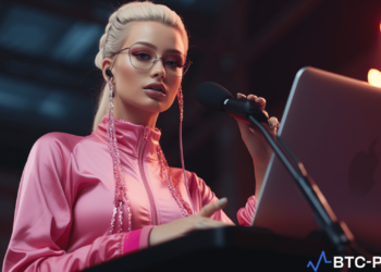 This is a photo of Iggy Azalea delivering a speech about the relaunch of her telecommunications company.